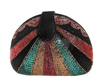 Vintage Bob Mackie Rainbow Beaded Clutch – Multicolored Glass Beads, Convertible Evening Purse with Removable Strap, 7.5” x 6”