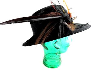 Vintage GEORGETTE Black Wide Brim Hat – Fur Felt, Feathered  display picture 2