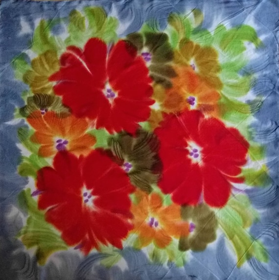 Tye dye Silk square scarf - Fiery flowers!! -  la… - image 1