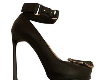Lanvin Black Leather Stiletto Heels – Snap Closure Ankle Strap, Made in Italy, Size 39