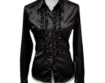 Moschino Jeans Black Satin Shirt – Ruffled Front, Branded Buttons, IT 42 (US 8), Chic & Stylish