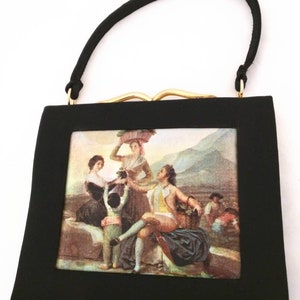 Black satin purse with beautiful pictorial - RARE