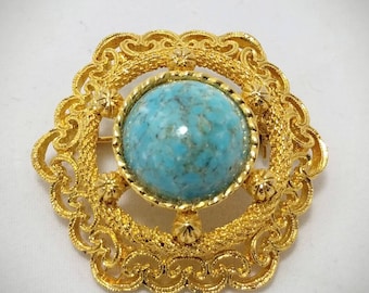 Broche de cabochon turquoise - broche dorée gilden - vintage