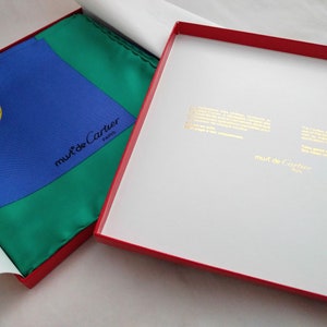 Luxury Cartier silk scarf, 32-inch square, royal blue and turquoise, made in France