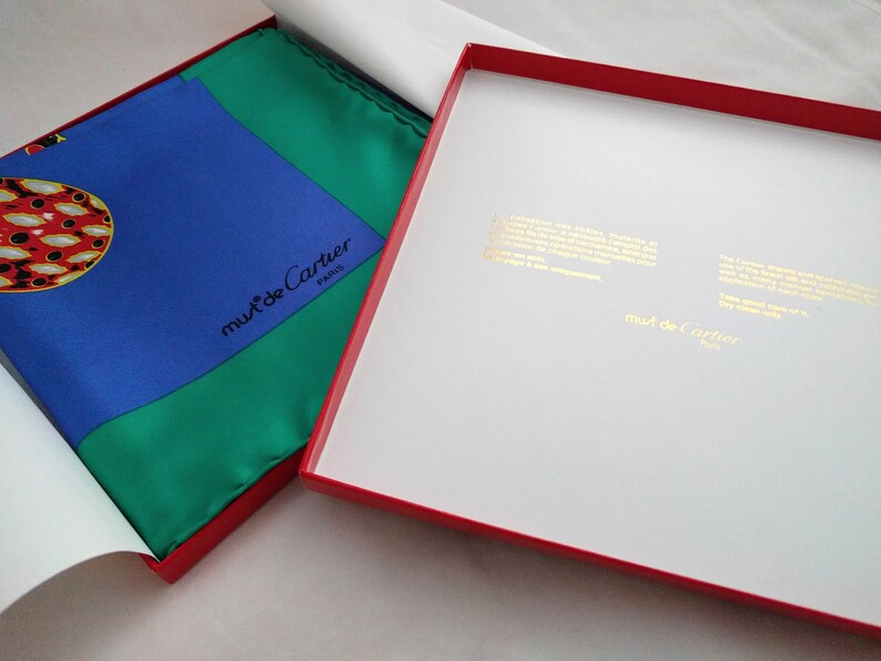 Luxury Cartier silk scarf, 32-inch square, royal blue and turquoise, made in France