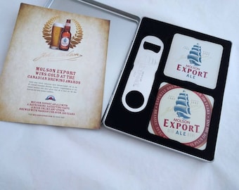 Vintage Molson Export collectible coaster set with bottle opener