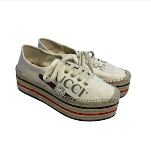 Gucci Canvas Platform Espadrille Sneakers – Web Accent, Interlocking G, Jute Trim, Lace-Up, Size 37.5, Authentic Designer Shoes