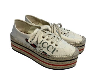 Gucci Canvas Platform Espadrille Sneakers – Web Accent, Interlocking G, Jute Trim, Lace-Up, Size 37.5, Authentic Designer Shoes