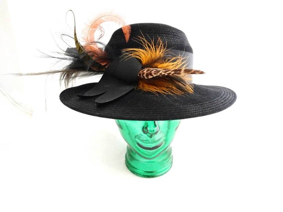 Vintage GEORGETTE Black Wide Brim Hat – Fur Felt, Feathered Side