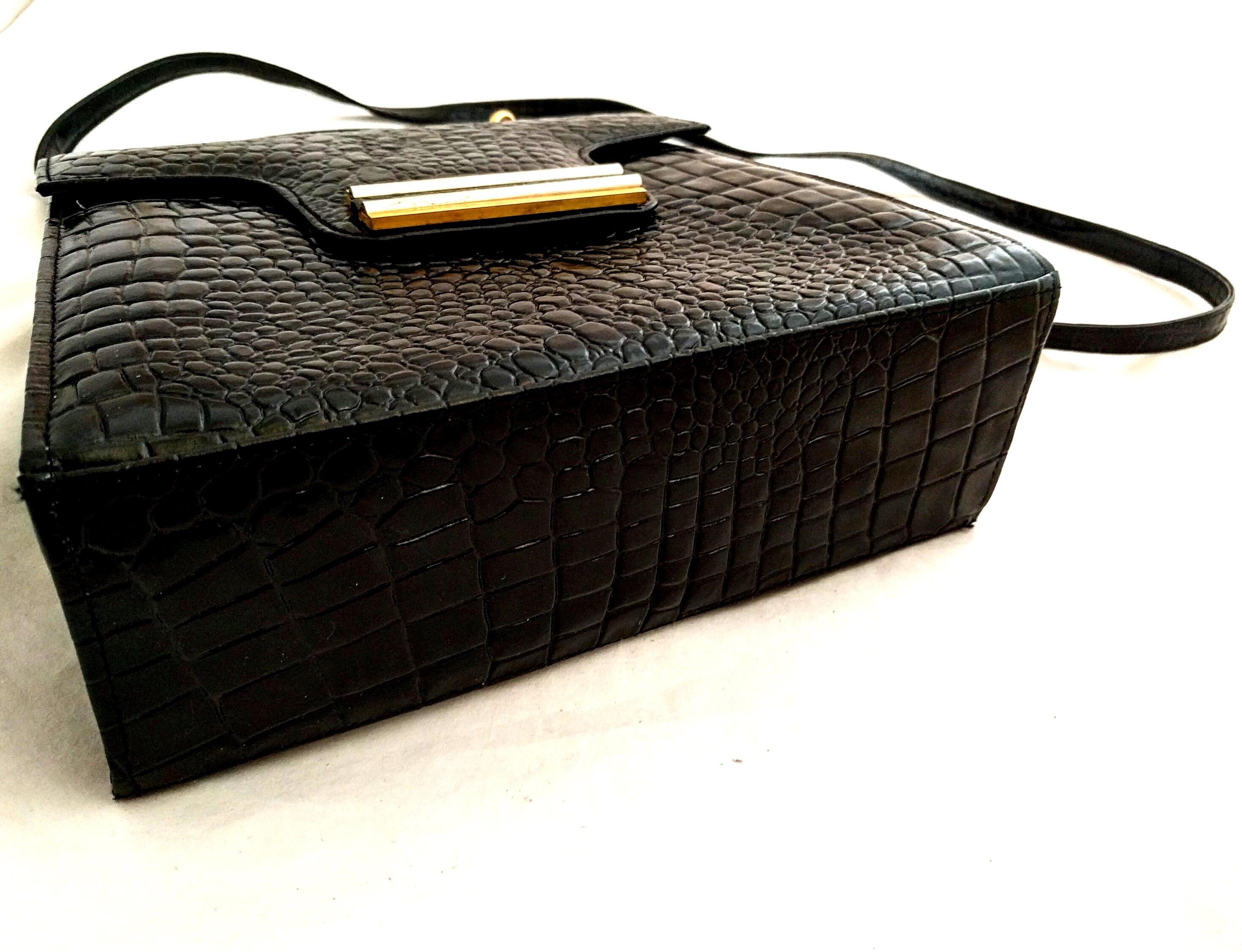 ヴィンテージ1980年代ブラック型押しレザーハンドバッグ – エレガント 