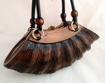 Rare ROCIO Wooden Purse – Eco-Friendly Sculpted Acacia Wood Handbag, Luxury Designer Bag with Leather Handles, Sustainable Fashion