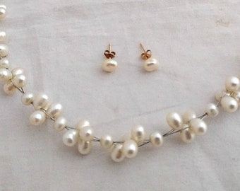 ¡¡Clásico!! Juego de perlas - Collar de perlas y pendientes / REAL - blanco