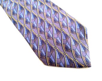 Cravate Brioni 100% Soie - Imprimé Géométrique Orange Et Blanc Sur Fond Violet