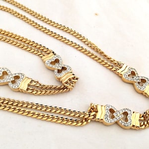 Vintage Park Lane Double Chain Necklace – Double Hearts Pendant, Gold-Tone Statement Necklace, Excellent Condition
