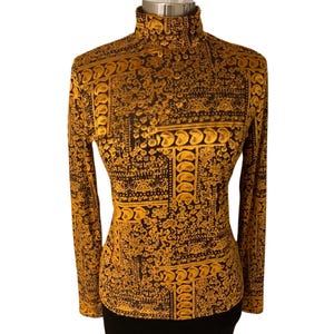 Vintage Rodier Mock Neck Top – Black & Golden Brown, Mesh and Velvet, Made in Italy, Size M
