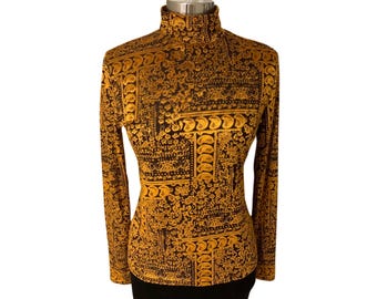 Top Rodier vintage de cuello alto, negro y marrón dorado, de malla y terciopelo, fabricado en Italia, talla M