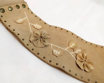 Belt Handmade Artisanal Beige Belt Leather Handmade suede belt Artisanal belt with Flowers