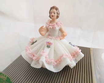 Rare vintage Dresden Germany porcelain lace figurine - Girl on a Chair -  NIB delicate porcelain lace in excellent condition