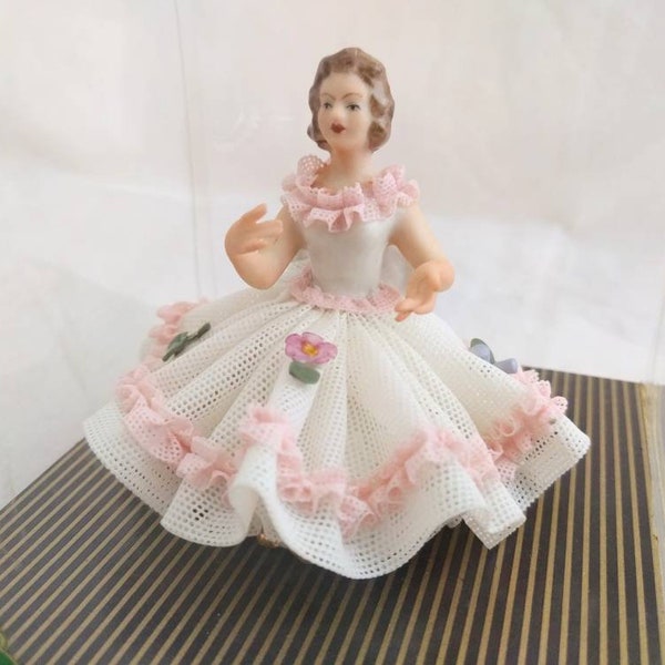 Rare vintage Dresden Germany porcelain lace figurine - Girl on a Chair -  NIB delicate porcelain lace in excellent condition