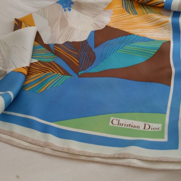 Scarf CHRISTIAN DIOR vintage silk scarf 80s flower scarf blue square scarf for her headscarf silk gift for her