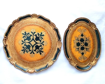 Rare Vintage Italian Florentine Trays – Set of 2, Hand-Painted Gold Gilt Wood, Mid-Century Decorative Trays, Made in Florence, Italy