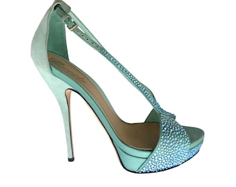 Gucci Crystal-Adorned Stiletto Sandals – Aquamarine Suede and Satin, Size 38, Made in Italy