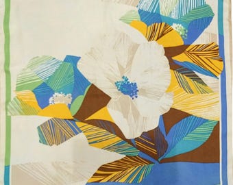 Christian Dior Vintage Silk Scarf – 1980s Floral Square Scarf, Blue & Cream Headscarf, Luxury Gift for Her