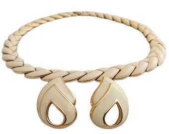 Vintage Oscar de la Renta Necklace and Earrings Set – 1980s Cream Enamel & Gold-Plated, Signed Designer Jewelry, 16" Necklace, Elegant 2Piec