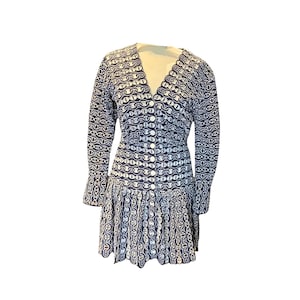 Sandro Paris Chain Eyelet Minidress – Blue & White Scalloped Dress, Size M, Fully Lined, Flattering Fit, Preloved