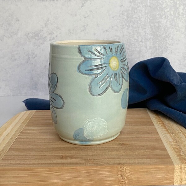 Ceramic Floral Cup or Tumbler,  Japanese Tea Cup, Pottery Handleless Mug, Bathroom Vanity Decor, Toothbrush Holder, Handmade