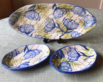 Ceramic Floral Oval Platter Set: Blue Wildflower Design, Cream Glaze