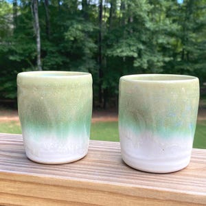 Handmade Ceramic Tumbler Cup – Satin Matte Green Drip Glaze, Stoneware Pottery Handleless Mug