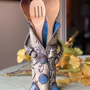 Blue Kitchen Utensil Tool Holder, Whimsical Tall Vase or Planter– Handcrafted Artistic Design with Blue Accents