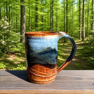 Handmade Large Rustic Pottery Mug,  Brown & Blue Mountain Glazed Stoneware Cup - Made to Order