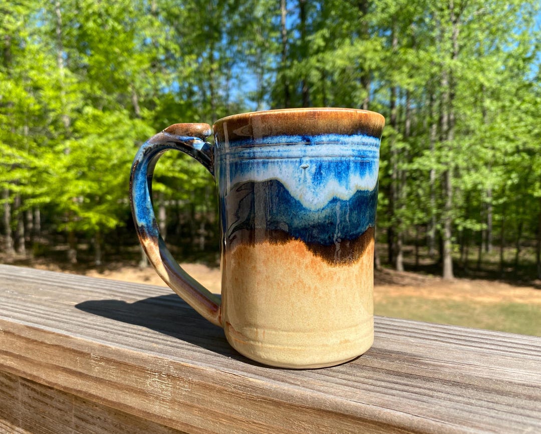 Handmade Large Rustic Pottery Mug: 14oz – Cream & Blue Mountain Glazed ...