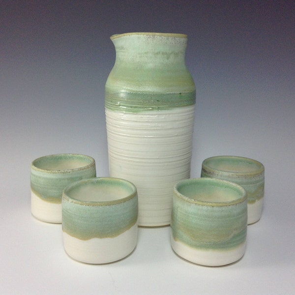 SeaFoam Sake Set, Modern Sake Set, Sake Bottle and 4 Cups, Saki Carafe,Shot Glasses, Small Vase,Functional and Decorative Pottery