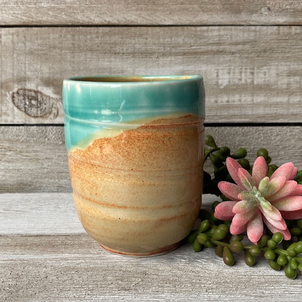 Ceramic Sand & Sea Wine Tumblers, Stemless Clay Cup, Japanese Tea Cup, Pottery Handleless Mug, Bathroom Decor, Toothbrush Cup, Handmade Gift