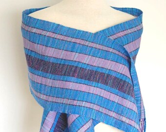 Handwoven Shawl Hand Woven Scarf Unique Handmade Handwoven Wrap Blue and Purple Striped Scarf Women's Scarf Weaving Woven Clothing Wool Wrap