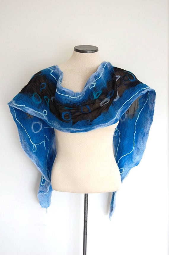 Handmade Felted Scarf 20 inch wide Merino Wool and White Silk Ring Design