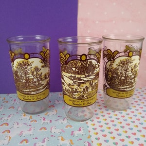 CLEARANCE Vintage 1979 Currier & Ives Winter Snowy Glass Tumbler Set/3, Nice and Clean