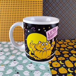 SVENDITA Tazza da caffè in ceramica con gatto e zucca di Halloween vintage del 1988, Let's Party!, design pulito e curato.