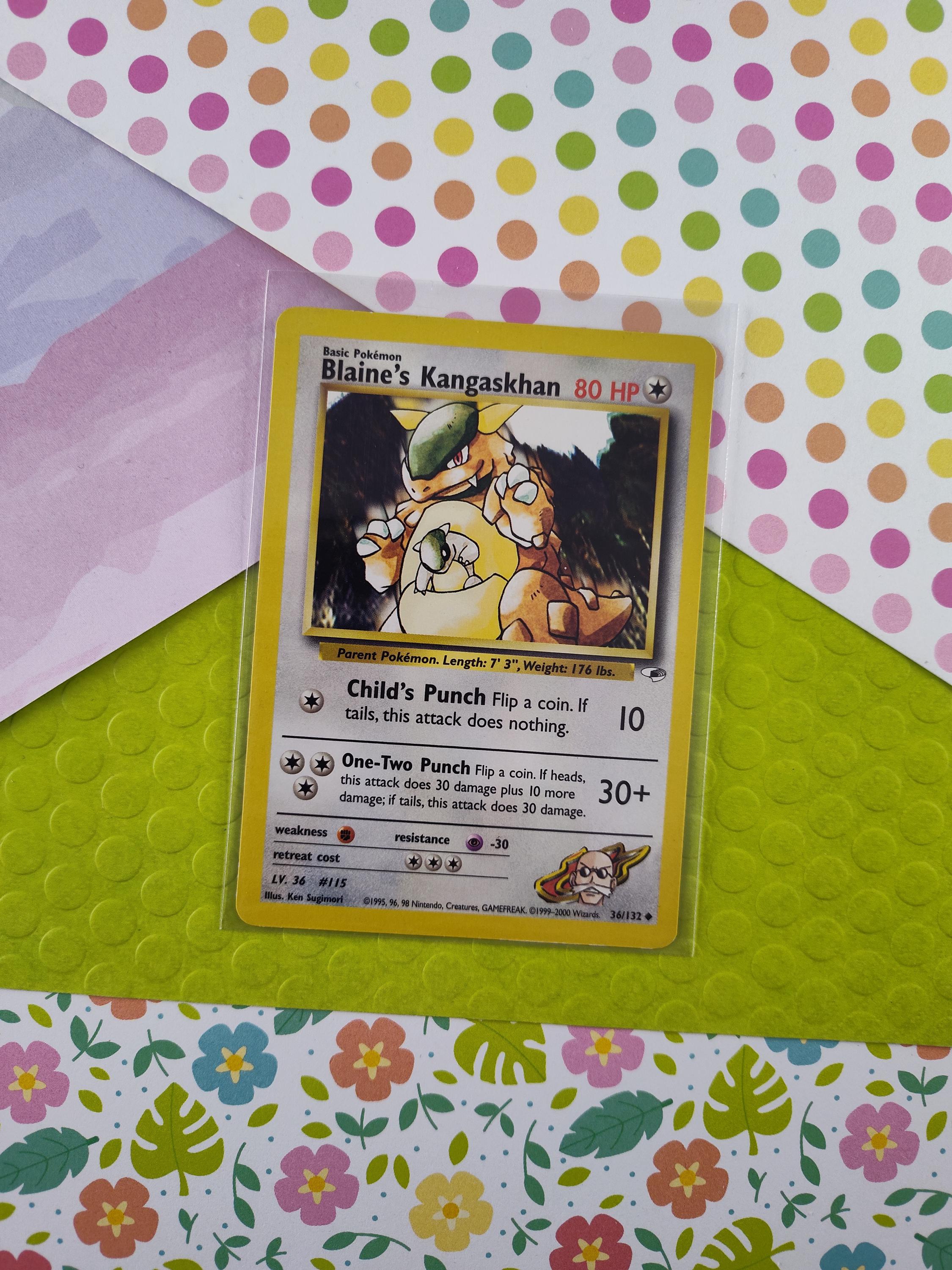 blaine's kangaskhan pokemon card value Graded 1st Edition Blaines (36/132) - Gym Heroes - PSA 8 Description coming soon... Blaine's Kangaskhan (36/132) [Gym Heroes