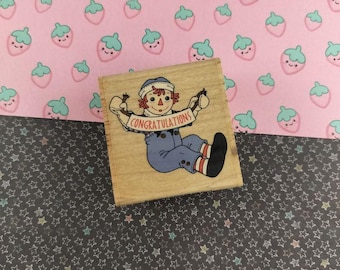 Vintage 2002 Stampabilities Raggedy Ann & Andy Congratulations Wooden Block/Rubber Stamp