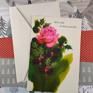 Tarjeta de felicitación navideña vintage "Con amor... para mamá y papá" en liquidación, limpia y sin usar.