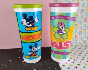 Vintage Tupperware Disney's Mickey Mouse & Daisy Tumbler Set/2 w/Lids