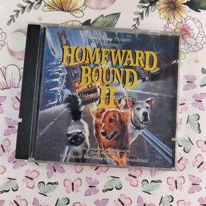 Op de afbeelding: Een cd-hoesje voor de Disney-film "Homeward Bound II: Lost in San Francisco". De cover toont een kat, een golden retriever en een witte hond. De titel staat in gele letters op een blauwe achtergrond.