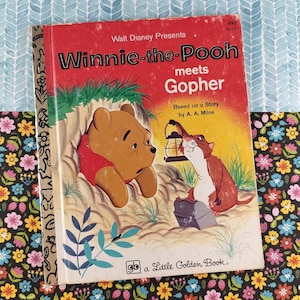 Könnte beinhalten: Ein Vintage "Winnie-the-Pooh meets Gopher" Little Golden Book. Das Cover zeigt Winnie the Pooh in einem roten Hemd und Gopher mit einer Laterne. Das Buch befindet sich vor einem floralen und blau gemusterten Hintergrund.
