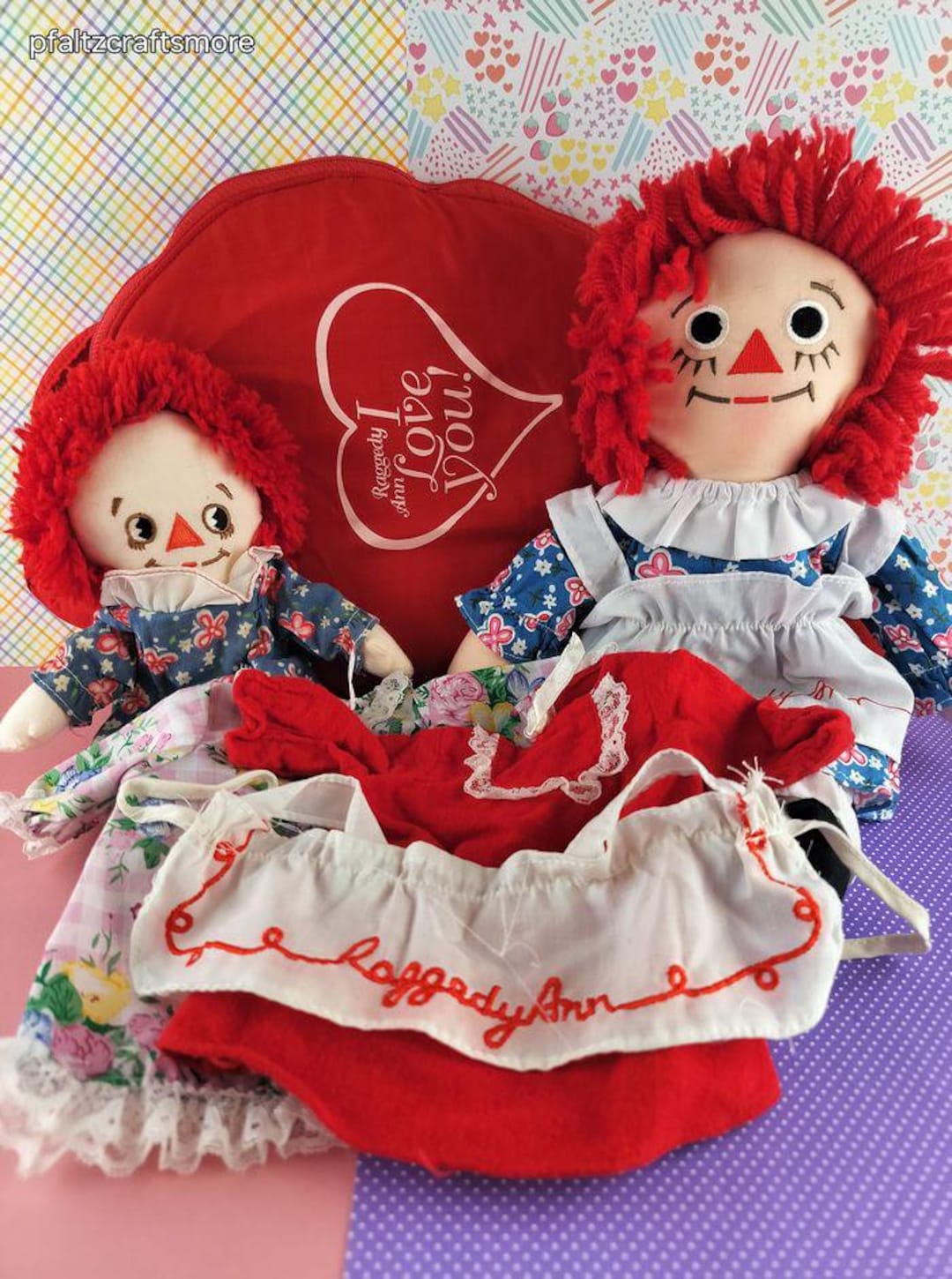 Vintage Raggedy Ann Set/plush Dolls W/dresses, Apron, Heart-shaped