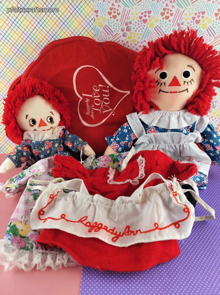 Vintage Raggedy Ann Set/plush Dolls W/dresses, Apron, Heart-shaped