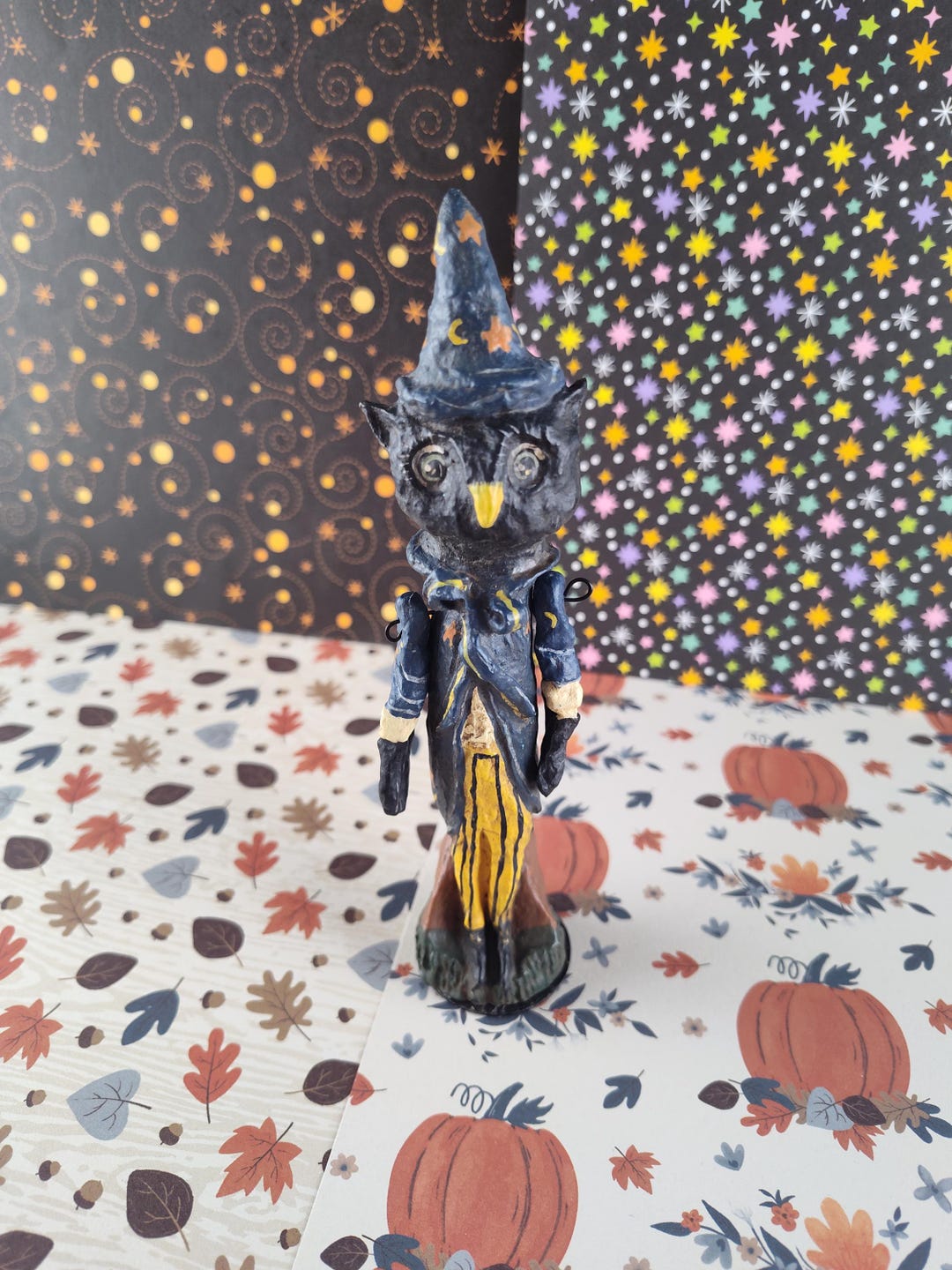 RARE Vintage Department 56 Halloween Folk Artsy Black Owl Wooden